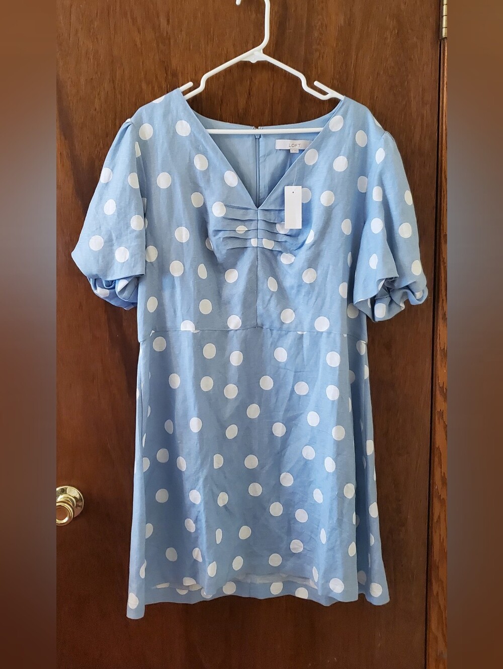 NWT LOFT Linen Blend Puff Sleeve Light Blue Polka Dot Dress Sz 16